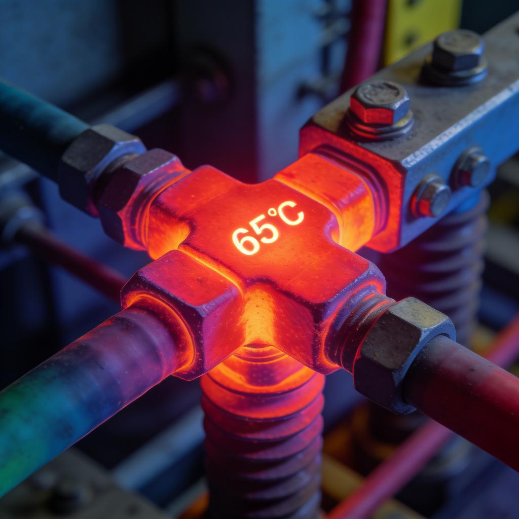 熱成像圖清晰呈現(xiàn)母線接頭的溫度場，紅色區(qū)域為過熱部位，標注溫度為 65℃，精準定位螺栓松動導致的局部過熱故障點。